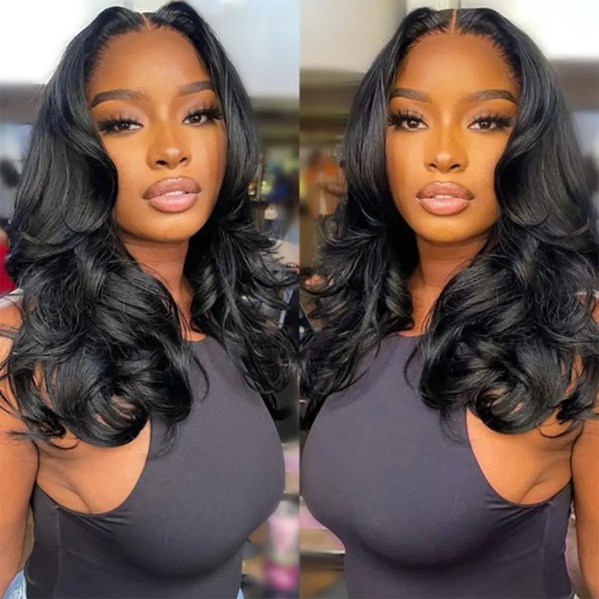 6x5 Wig with Curtain Bangs Framing the Face and Soft Waves | Mavi